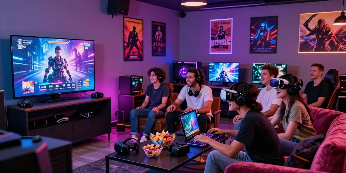 Group of young adults enjoying immersive porn games in a vibrant gaming lounge