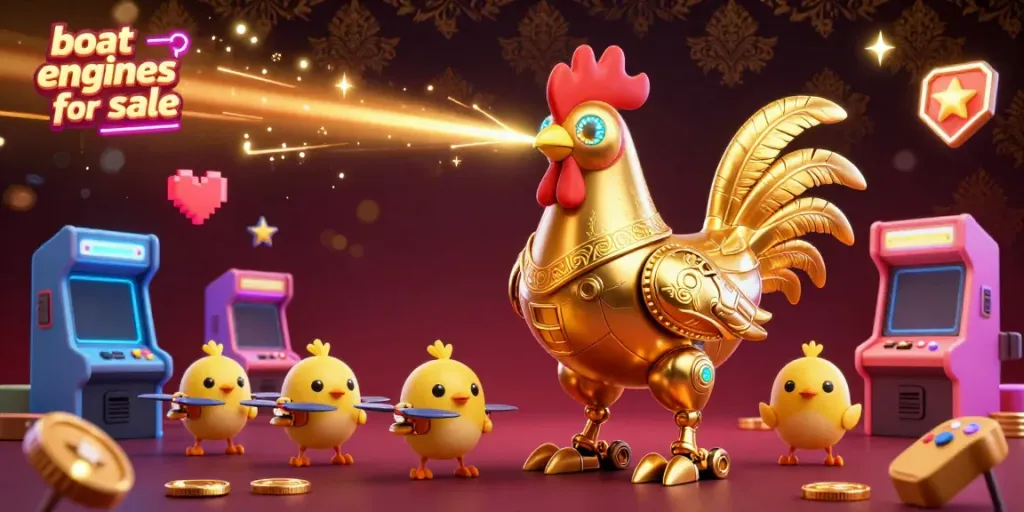 Exciting scene featuring boat engines for sale with dynamic golden rooster robot and colorful arcade elements.