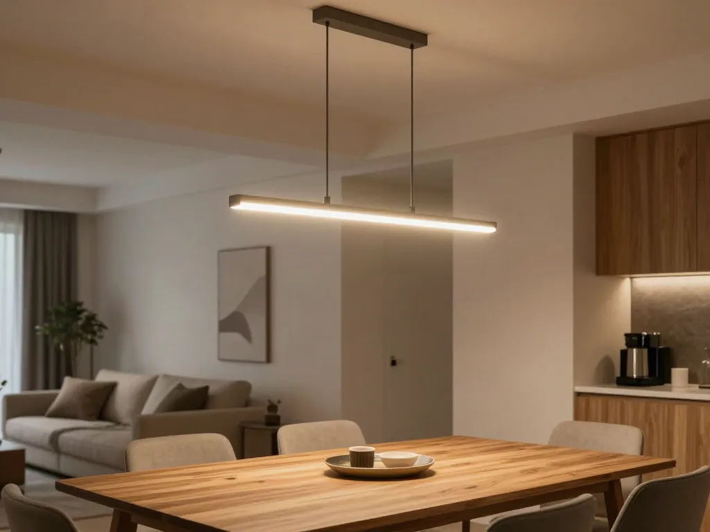 O lustra LED moderna intr-un interior cald si primitor, perfecta pentru un serviciu local de decoratiuni interioare.