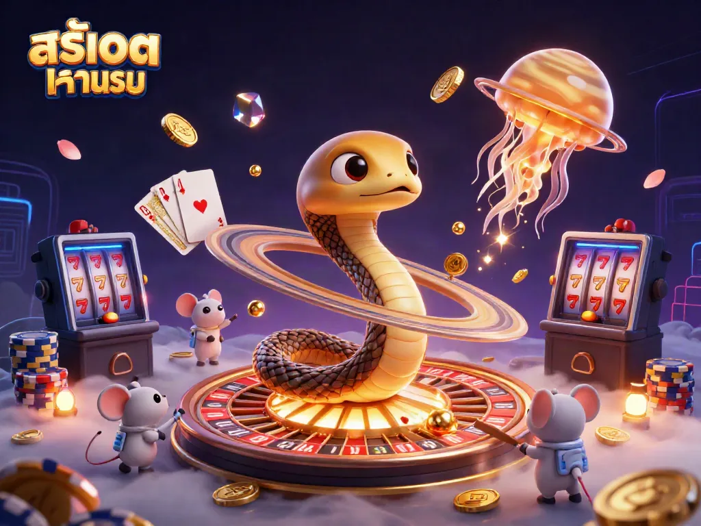 Engage with สล็อตทดลอง through this vibrant cosmic casino scene featuring a Saturn ring snake and astronaut mice.