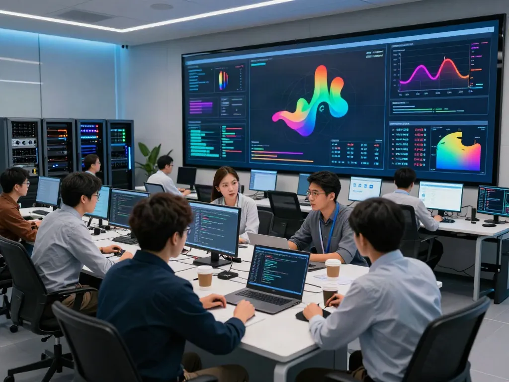 Engineers collaborating in a modern AI infrastructure control room analyzing metrics.