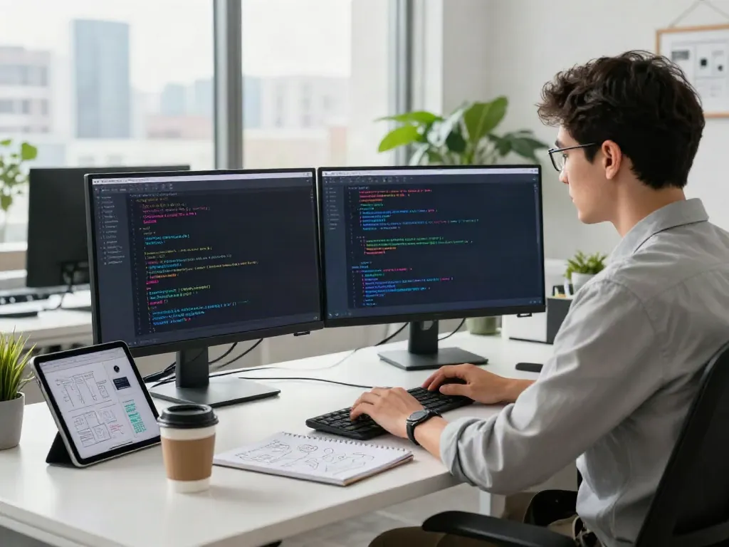 Developer engaging with an unfiltered AI chat platform in a modern workspace.