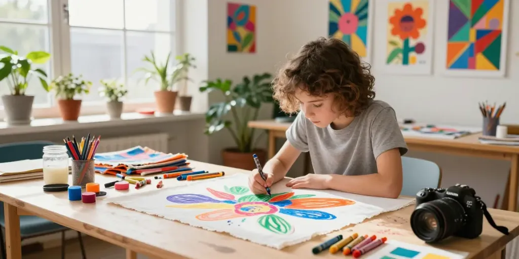 Colorful fabric drawing scene with a crayon supplier's products in use, showcasing artistic creativity.