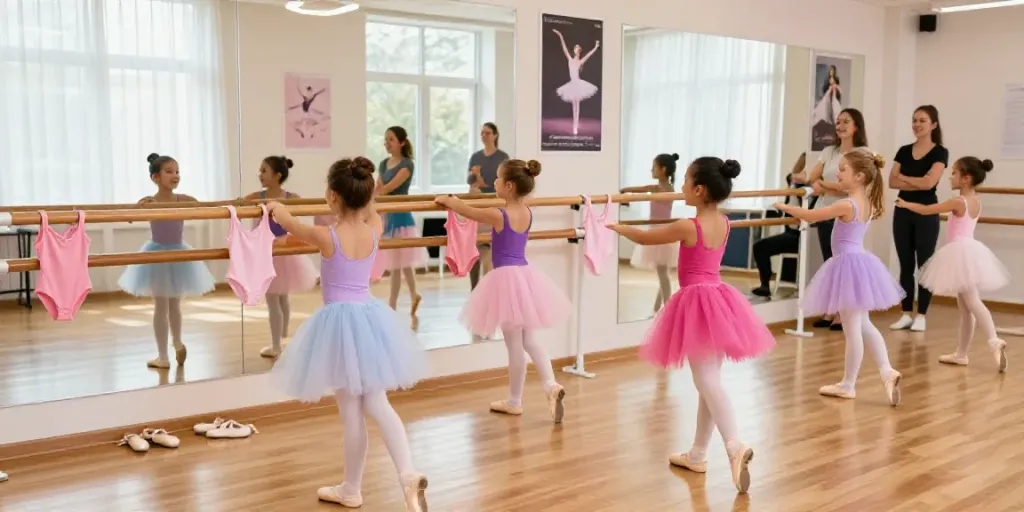 Young ballerinas in vibrant tutus practicing in a lively dance studio at tutu-store.com
