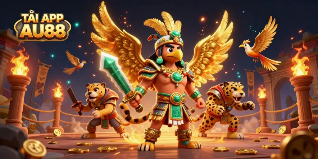 TẢI APP AU88, experience exciting game action with dynamic Aztec warriors and vibrant casino elements.