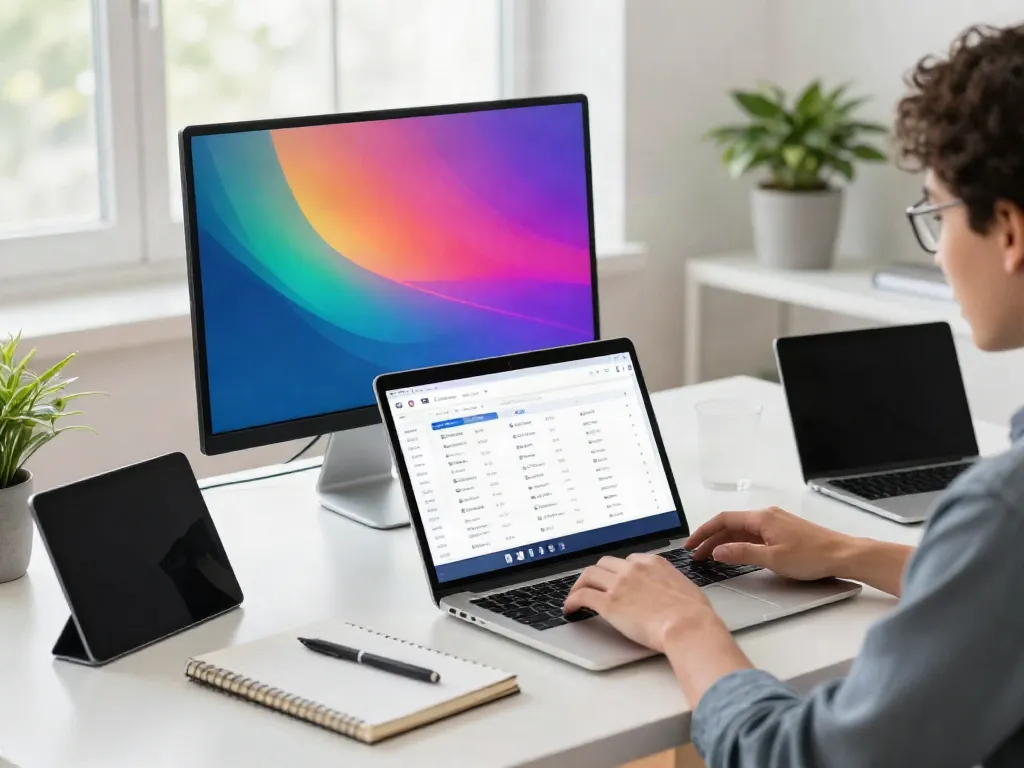 User navigating popular 링크사이트 on a laptop in a modern office setup