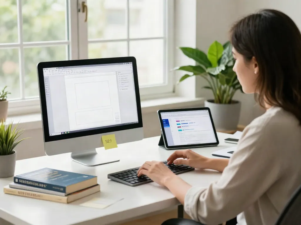 Workspace where a professional is learning how to write website SEO copy with AI tools, showcasing a productive writing atmosphere.