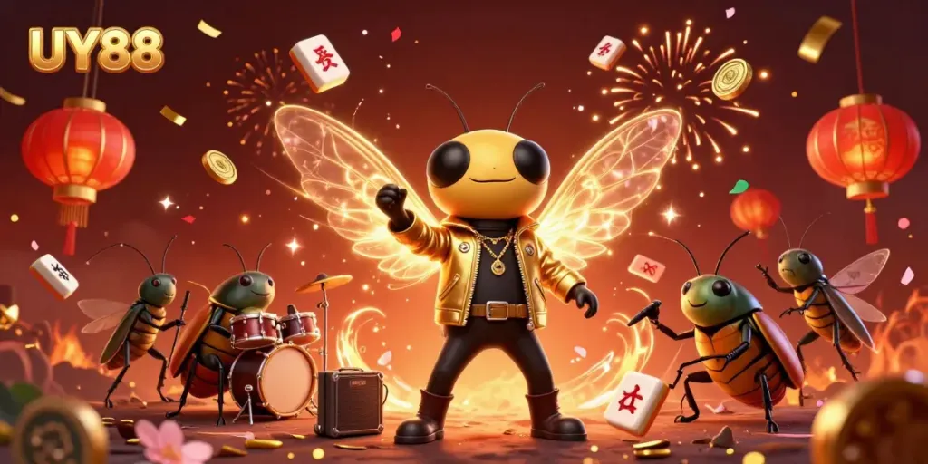 Engage with UY88’s exciting casino space featuring a cicada rock star and vibrant gaming elements.