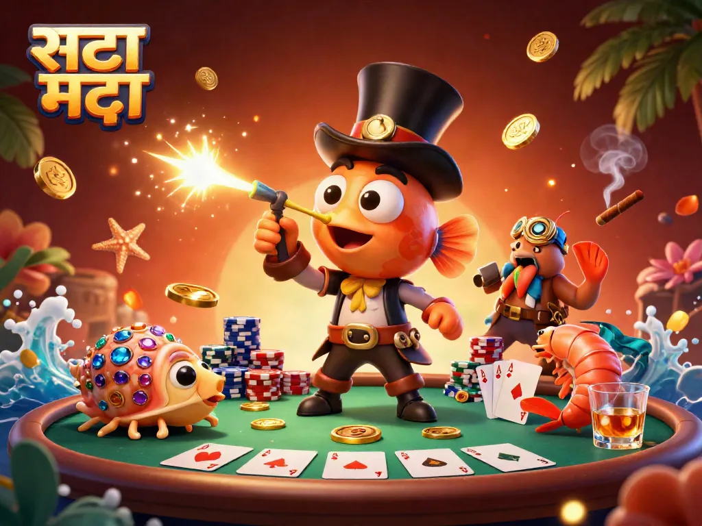 सट्टा मट्टा में मछली, झींगा और समुद्री घोंघा जुआ खेलते हुए, चमकदार सिक्कों को आकर्षित करते हुए।