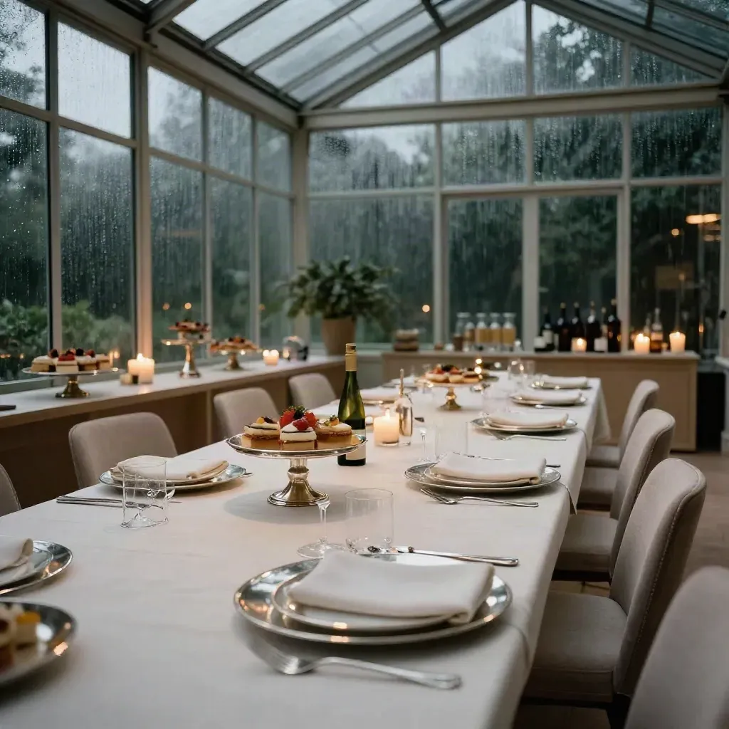 Glasshouse banquet table with plated covers, buffet, desserts, and beverage station after rain