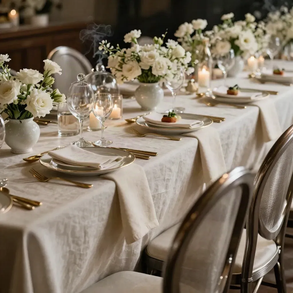 Wedding reception table with cloches, white florals, gold flatware, and cream linens