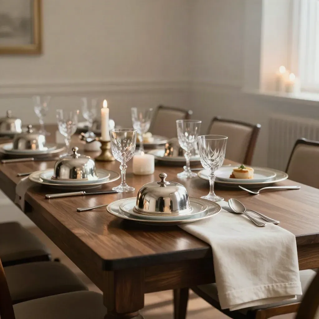 Formal plated dinner place setting with silver cloches, crystal glasses, and cream linen