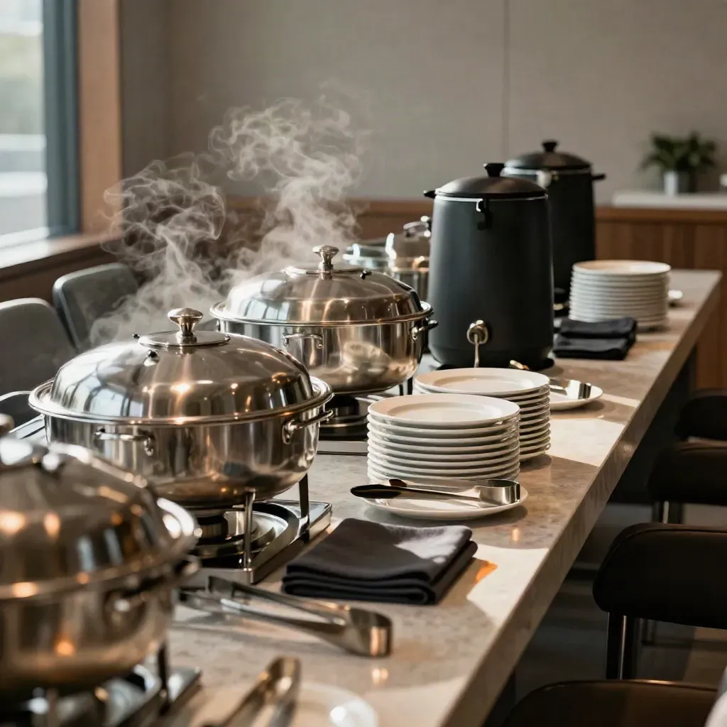 Corporate lunch buffet with covered hot dishes, coffee urns, and stacked plates in a glass conference suite.