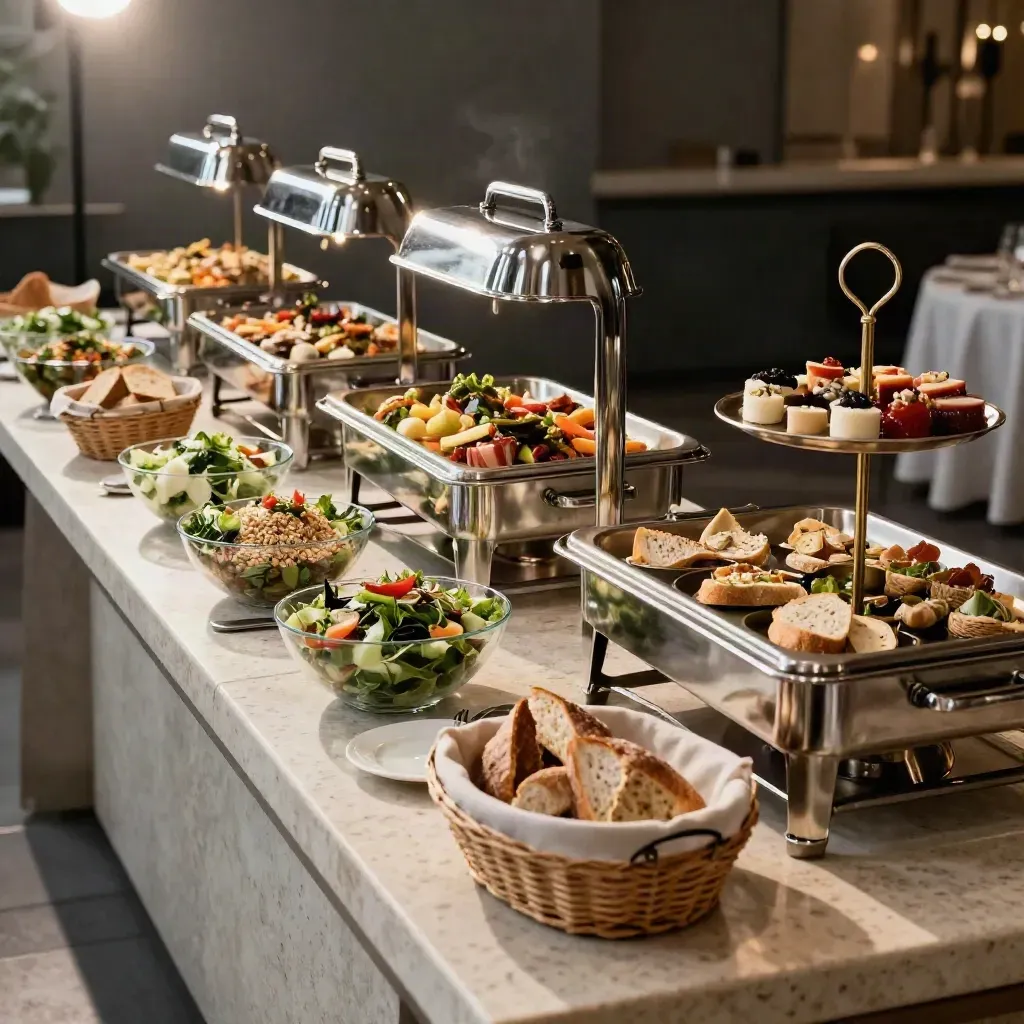 Buffet chafers, salad bowls, bread baskets, and risers on a travertine banquet line.