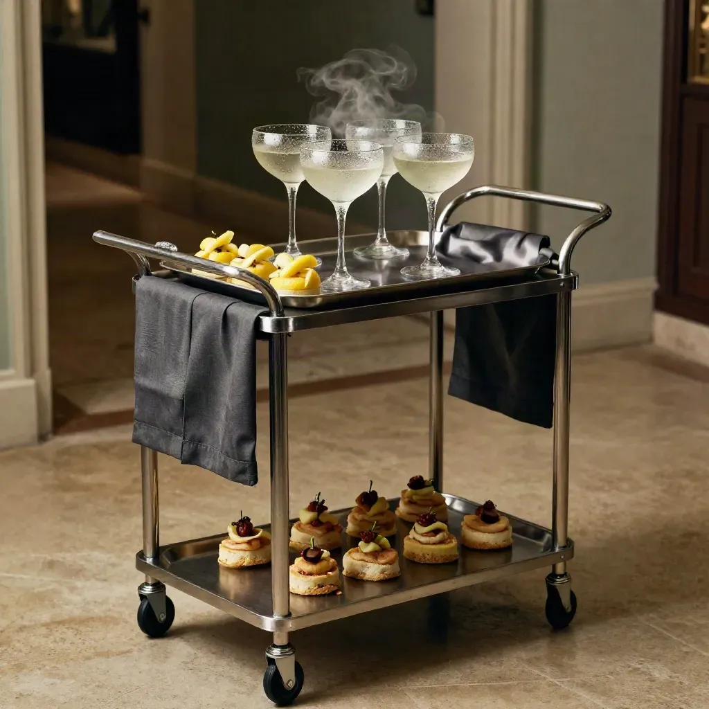 Canapé tray on a service cart with coupe glasses and citrus, lit cinematically for cocktail hour.