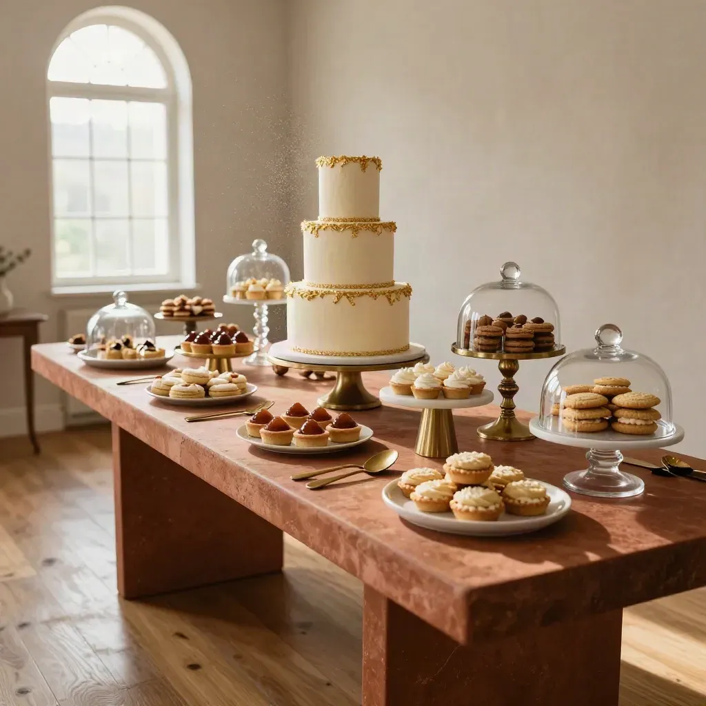 Sunlit dessert table with tiered cake, tartlets, cookies, and glass domes on a gold-accented display.