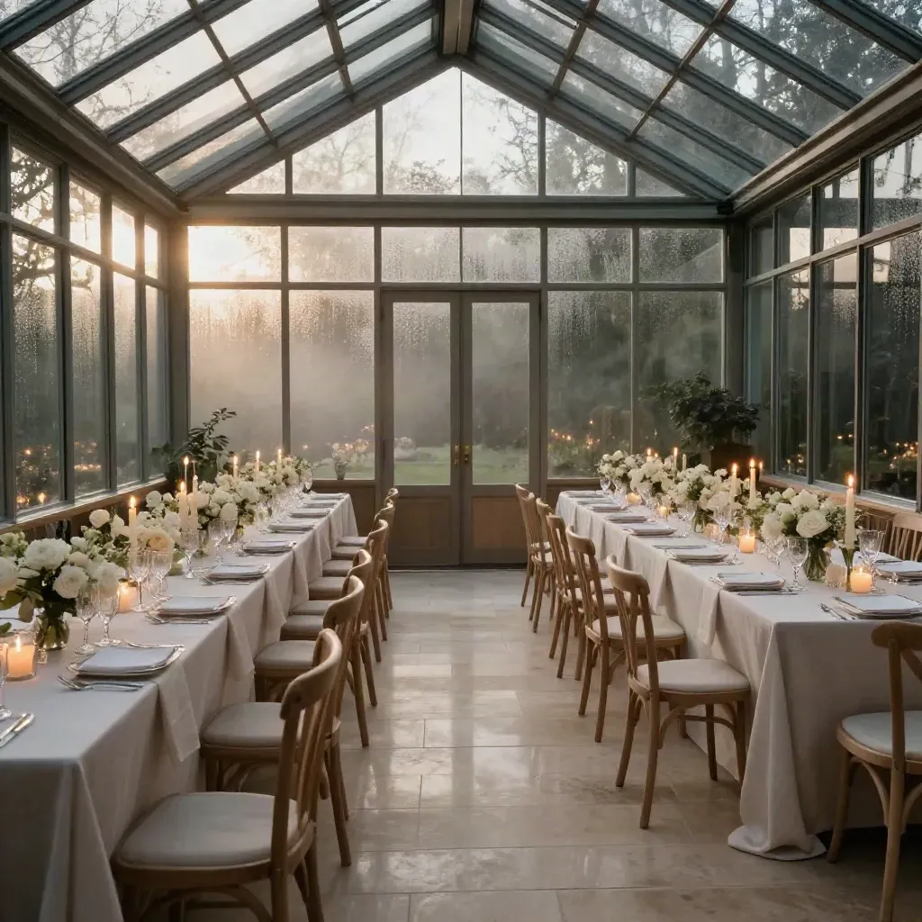 Empty glasshouse dining room set with candlelit tables, pale florals and a bare aisle before speeches