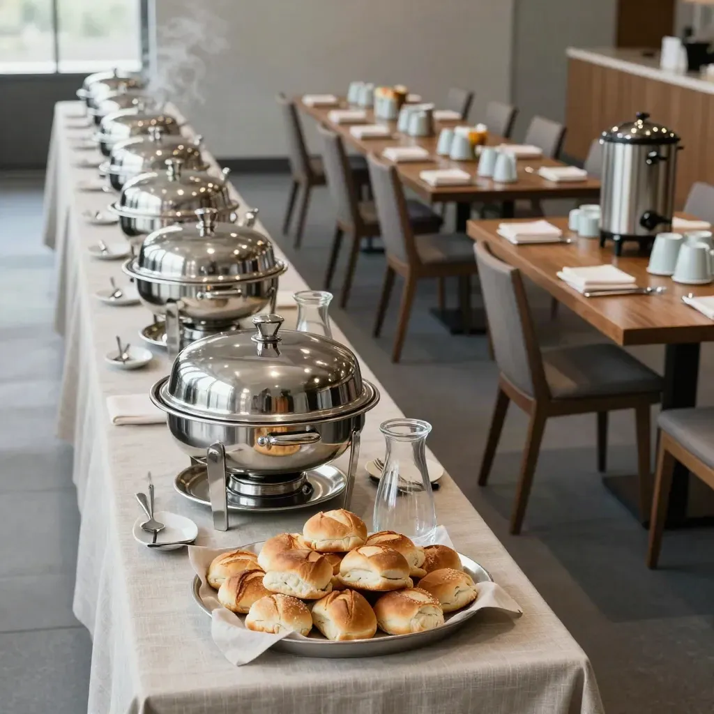 Empty corporate buffet ready for lunch, with coffee urns, steam, and reset tables.