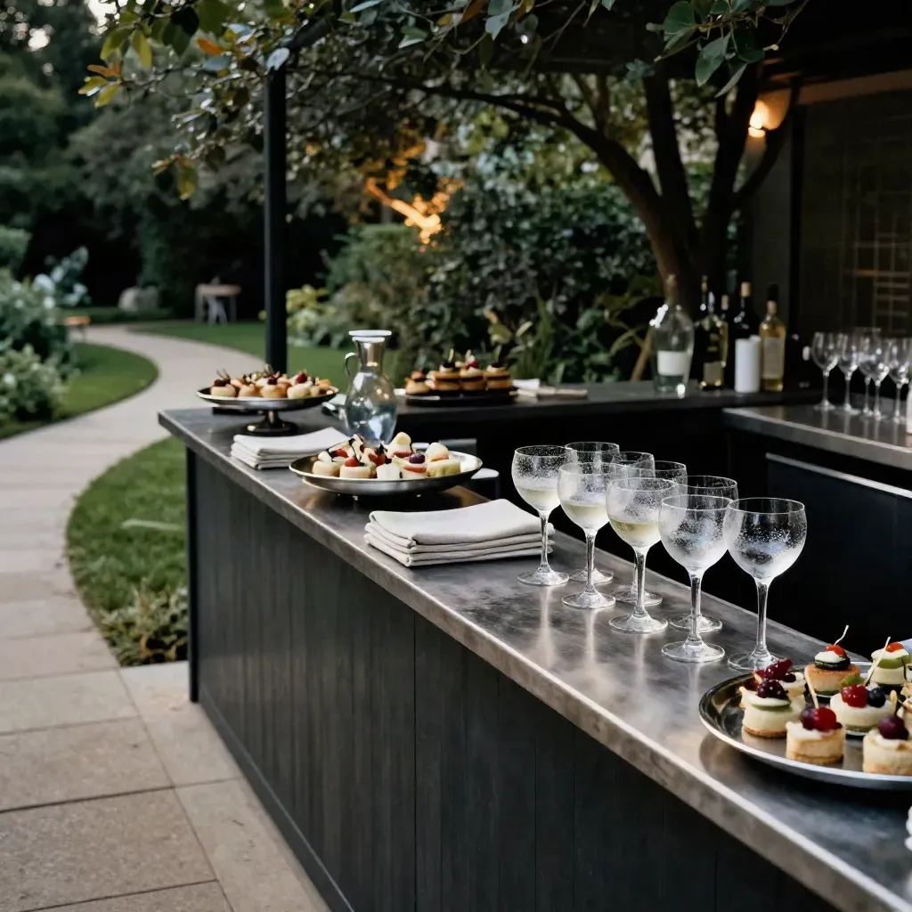 Empty garden cocktail setup with low tables, chilled drinks and tray stands under trees at dusk.