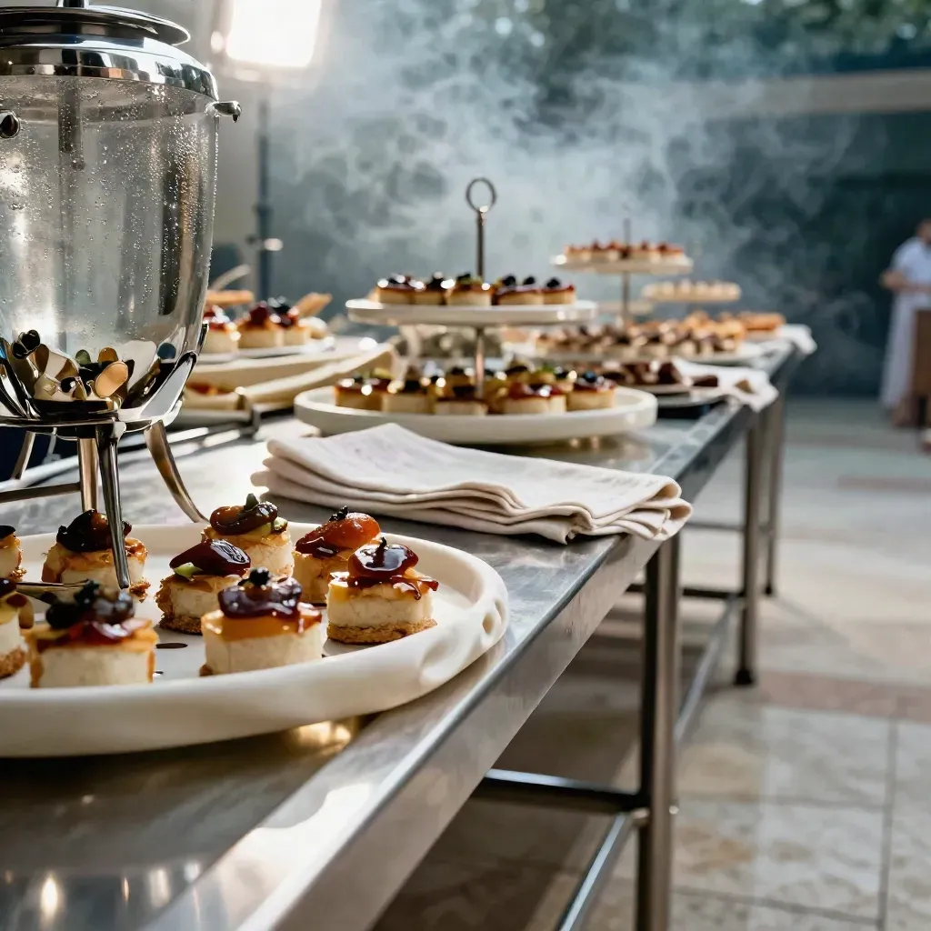 Extreme macro of cream canapé stands, chilled drink towers, and pewter serviceware on a clear launch-night floor.
