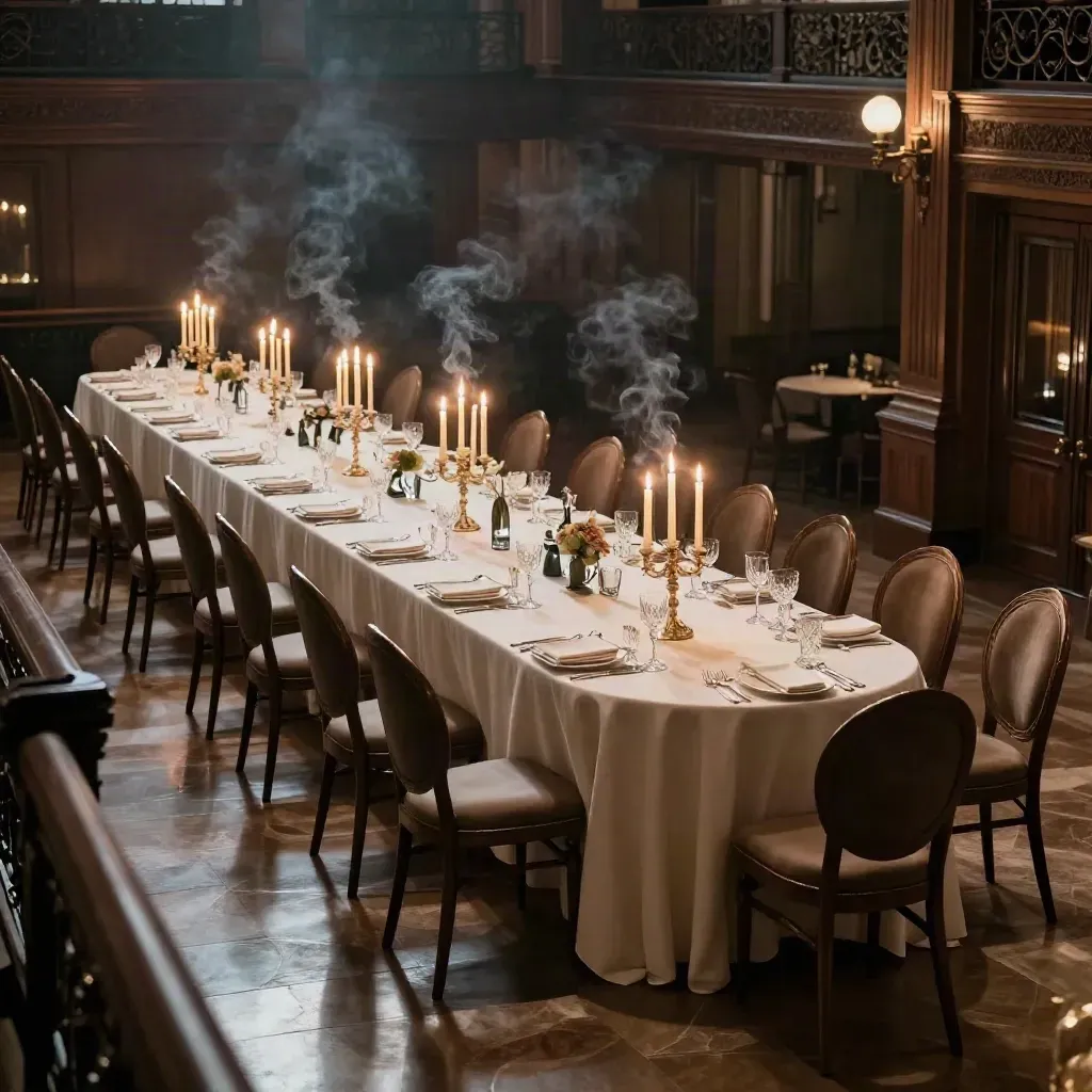 Empty grand ballroom with candlelit tables, mirrored centerpieces, and aligned chairs under warm haze.