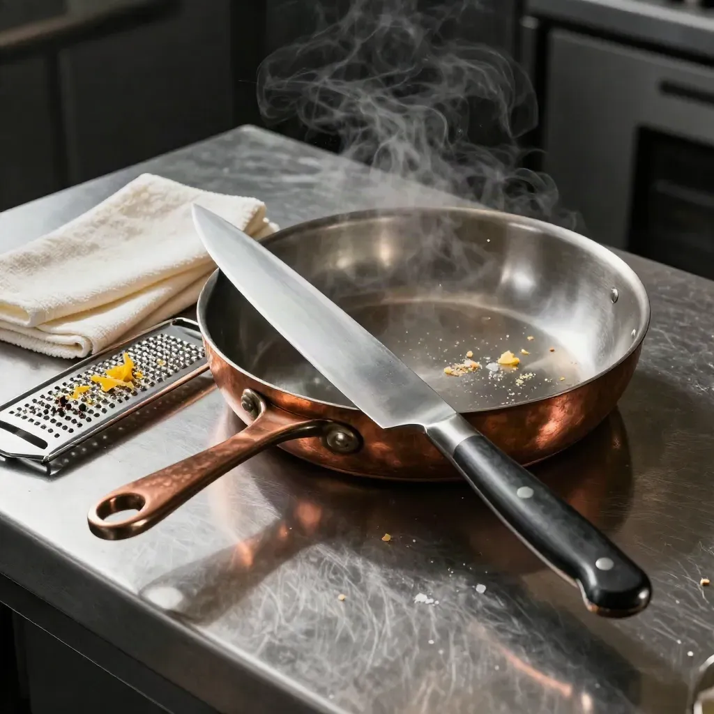 Chef tools and copper pan on stainless steel with steam and a cream towel.