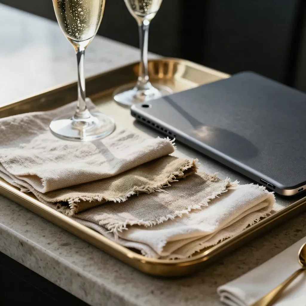 Macro of a catering tasting tray with linen swatches, champagne coupes and a face-down tablet.
