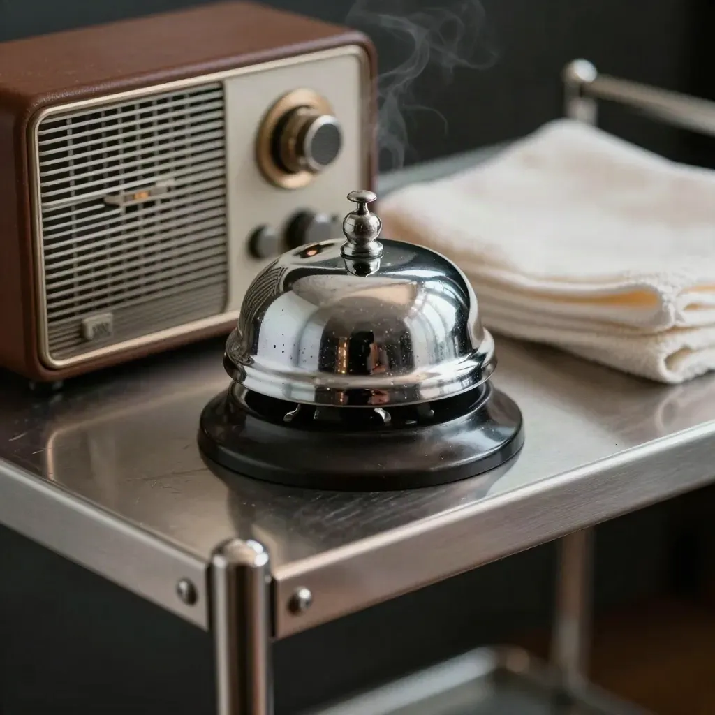 Stainless cart shelf with a service bell, stacked plates, radio and folded cloth in dim back-of-house light.