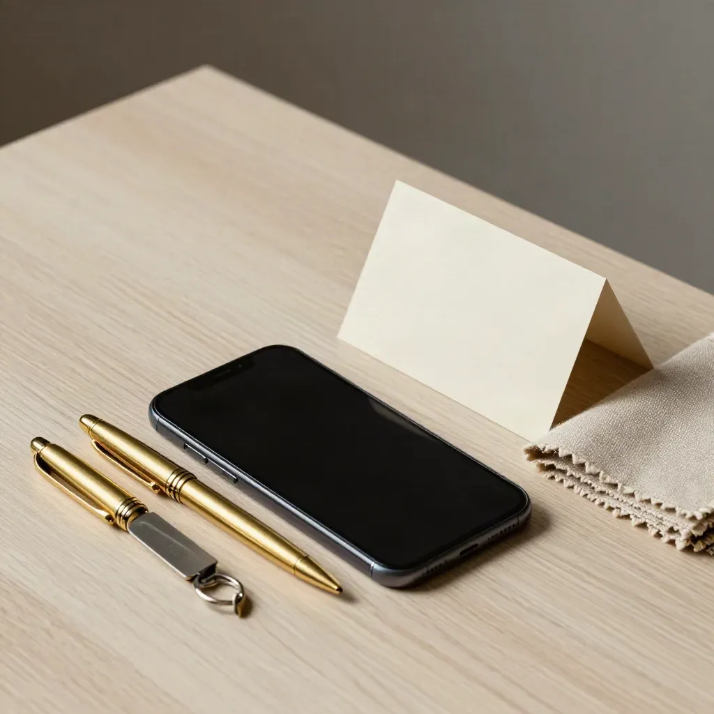Dark-screen smartphone, brass pen, venue key fob and linen swatches on pale wood, ready to book