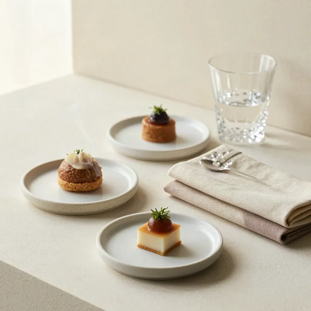 Four tasting plates, crystal glass and linen swatches on a cream plaster sweep.