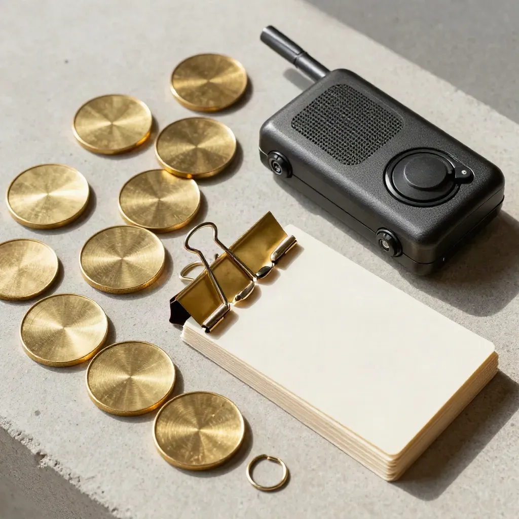 Brass tokens, radio, and stock cards arranged in a precise overhead flatlay on concrete.