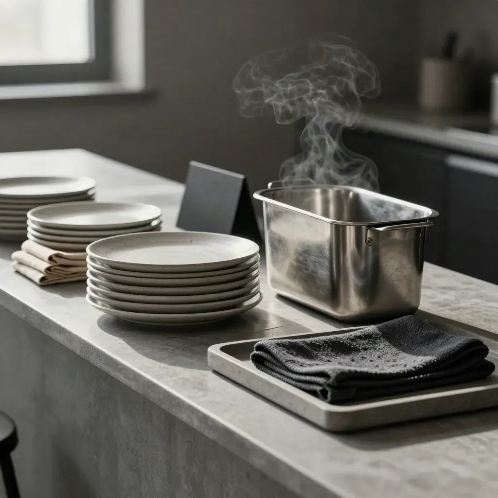 Diagonal stack of side plates, rolled napkins, bus tub and cloth on concrete with soft steam.