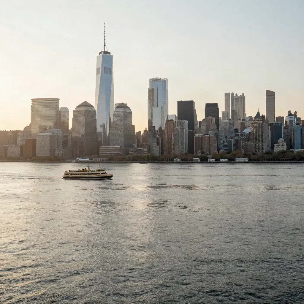 Manhattan skyline over the Hudson at golden hour with ferries and calm water