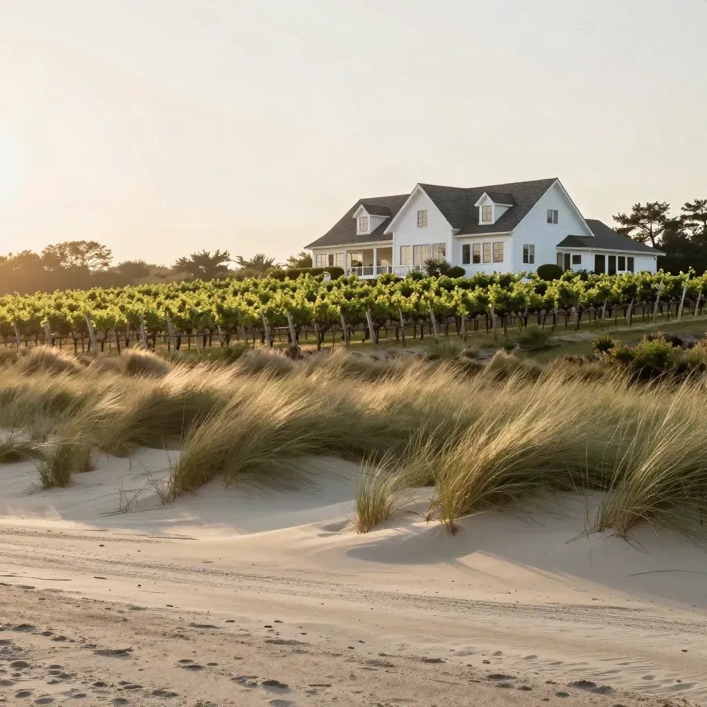 Long Island vineyard rows, white estate, and grasses under warm hazy light.