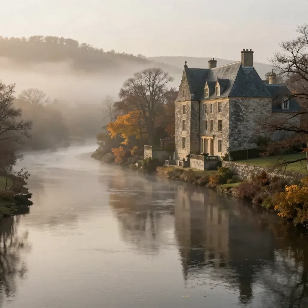 Misty Hudson Valley river bend below a stone manor and autumn trees at dawn