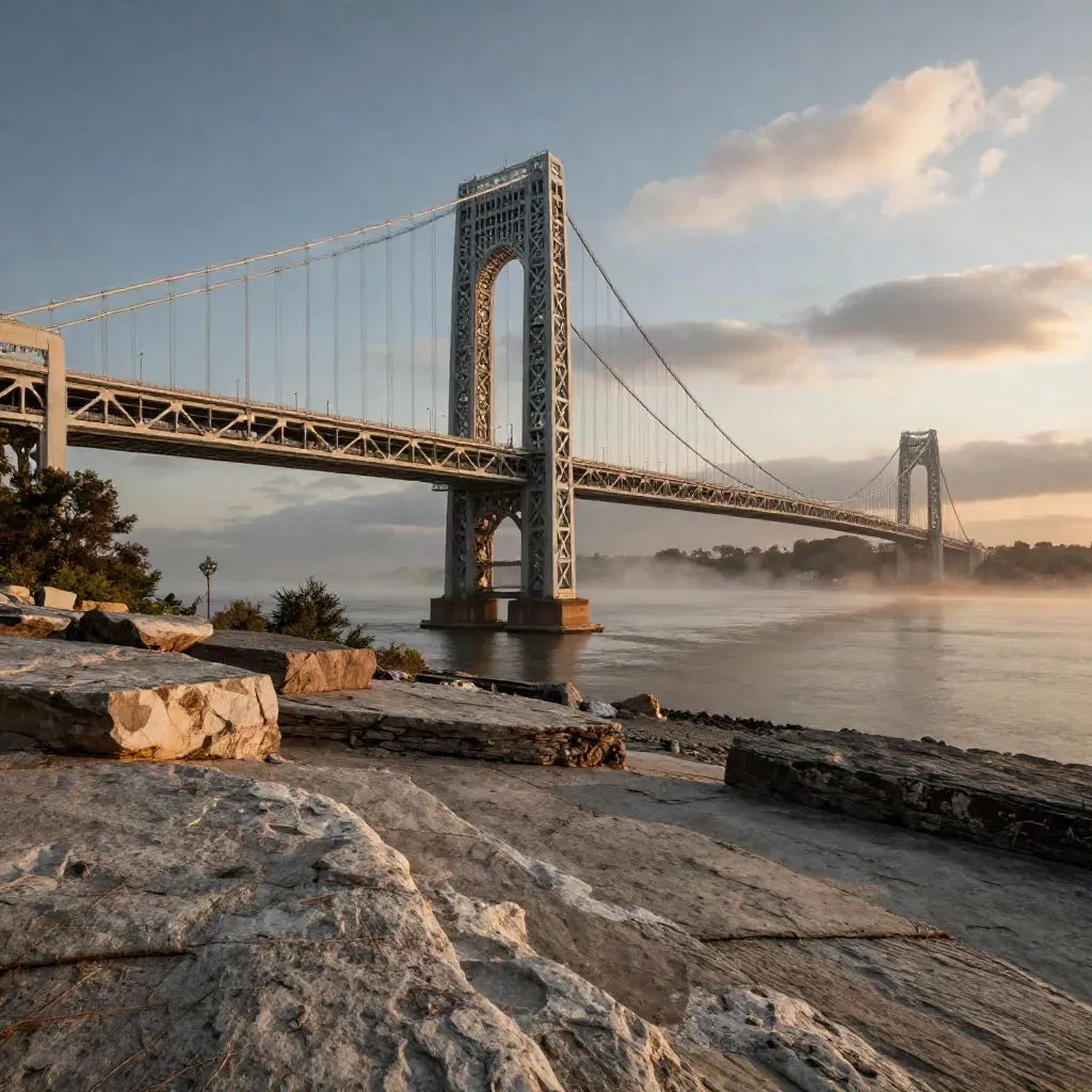 George Washington Bridge over misty Palisades at blue hour, calm Hudson edge beneath