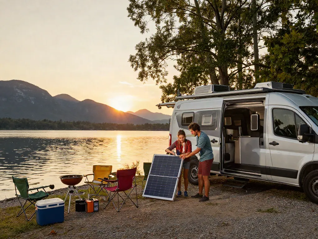 Couple connecting lithium RV batteries at a lakeside campsite, showcasing off-grid adventure.