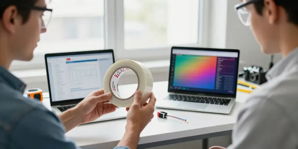 Engineer comparing Super33 Daftar and Super 88 electrical tapes in a well-lit workspace.