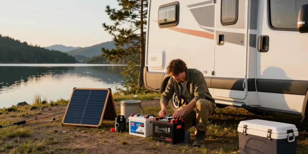 Person connecting a 12-volt battery to an RV by a serene lake, showcasing outdoor adventure.