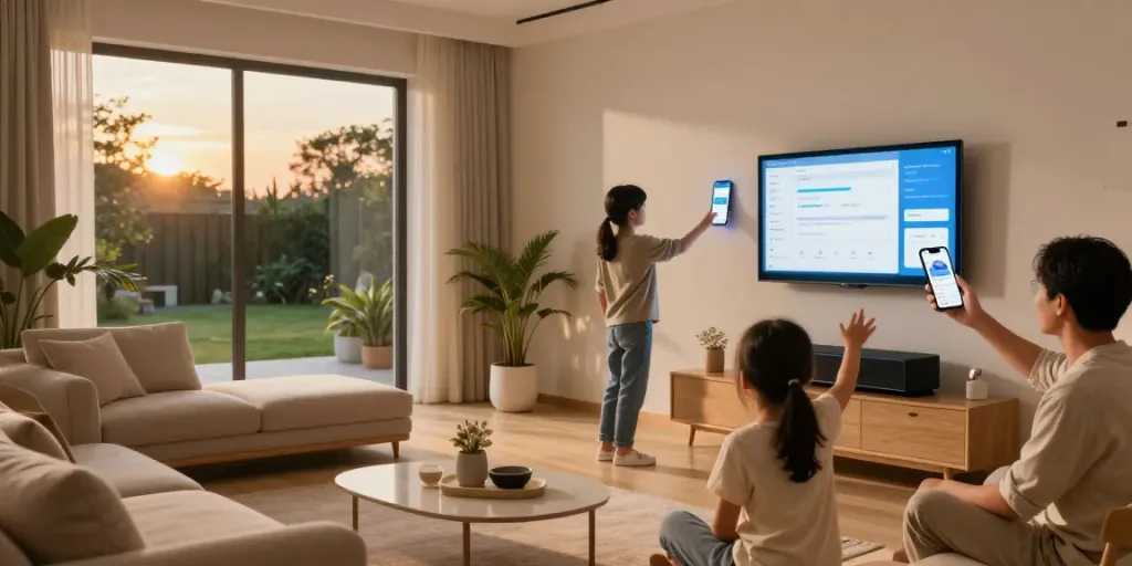 Smart home environment featuring family using advanced technology, highlighting خانه هوشمند جهان اسمارت experience.