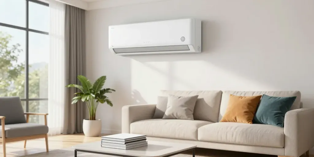 Cozy living room with natural light highlighting a mini split air conditioner on the wall.