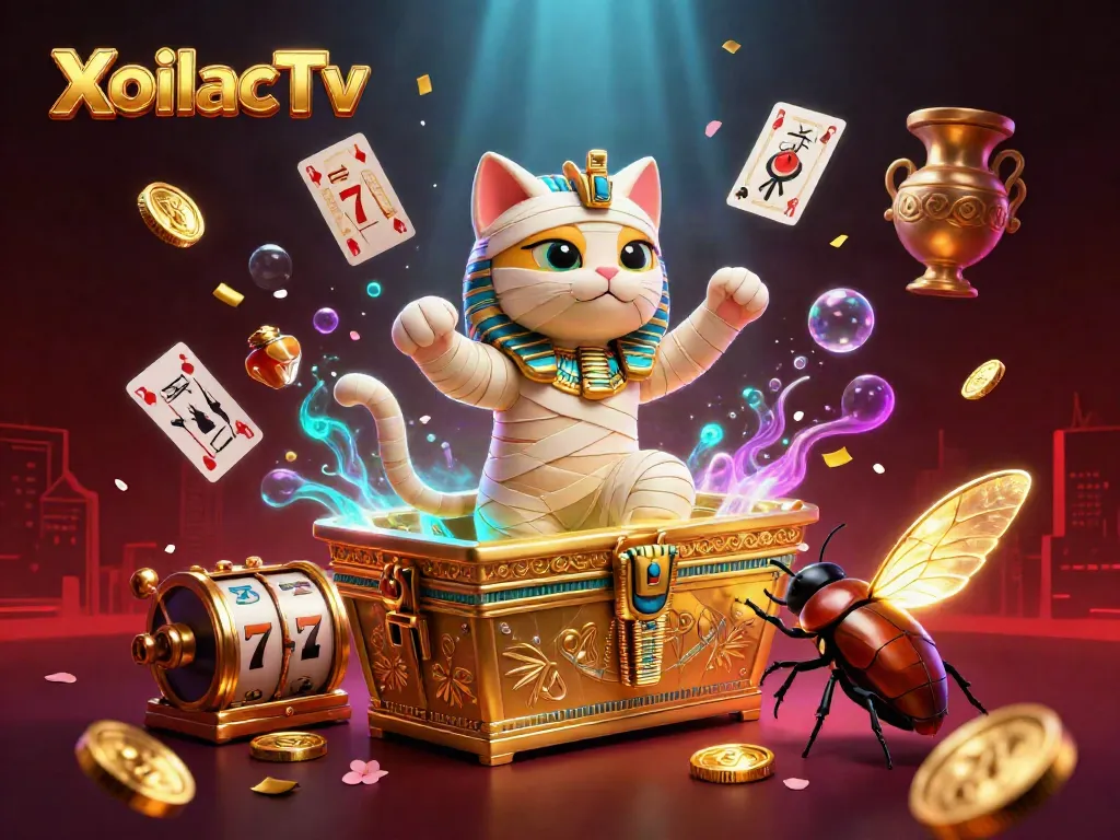 XoilacTv entertains players with a dynamic pyramid casino scene featuring an Egyptian mummy cat, scarab, and golden elements.