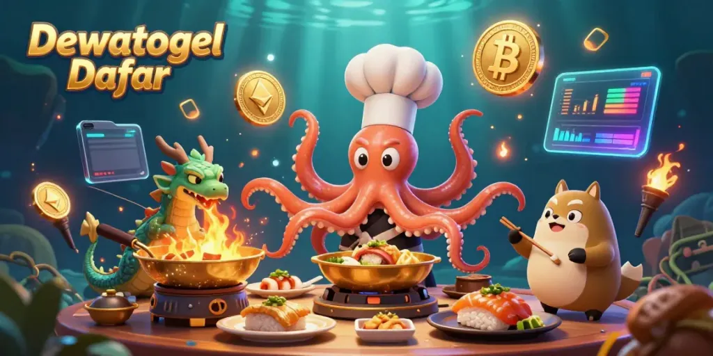 Dewatogel Daftar showcases vibrant 3D characters cooking, surrounded by crypto elements and rich casino visuals.