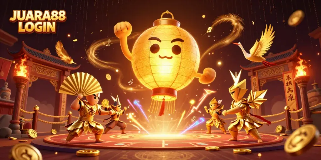 Experience JUARA88 LOGIN with vibrant 3D casino illustration featuring gold and lucky symbols.