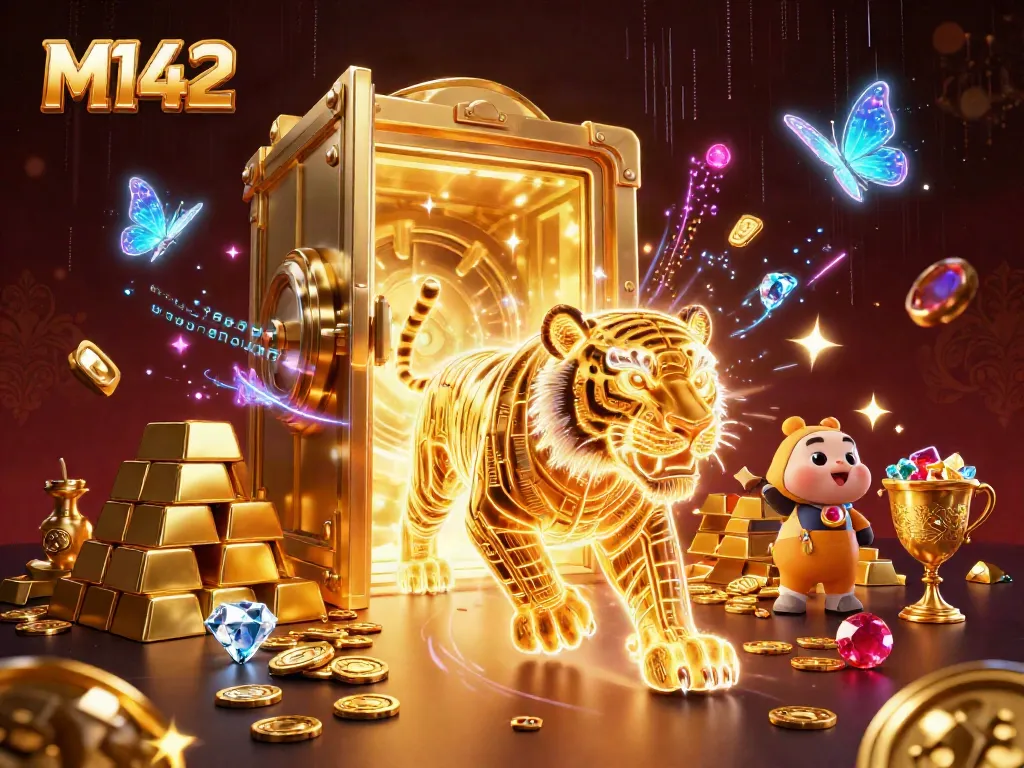 Experience high-energy gaming with M142 in a vibrant digital casino scene featuring a neon-light tiger and treasure elements.