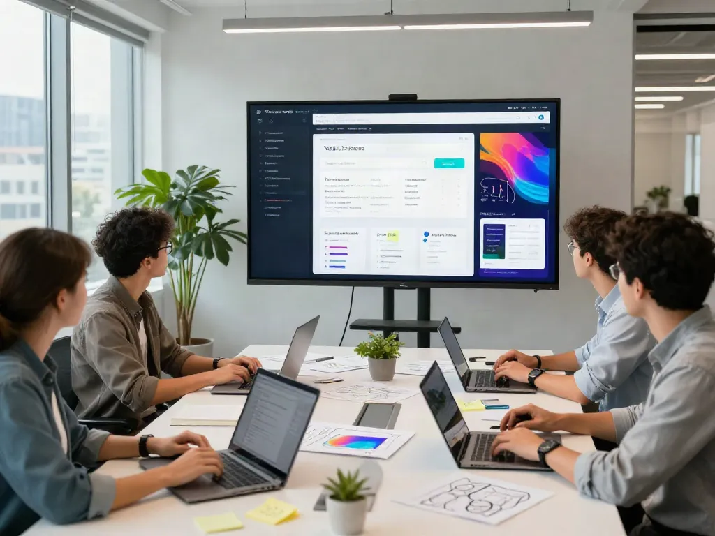 Web developers collaborating in a modern office to enhance their website.