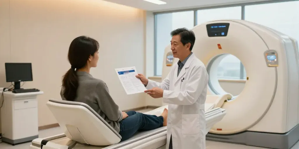 Im Diagnostikzentrum Wolfsburg wird ein Patient von einem Arzt in einem modernen Untersuchungsraum betreut.