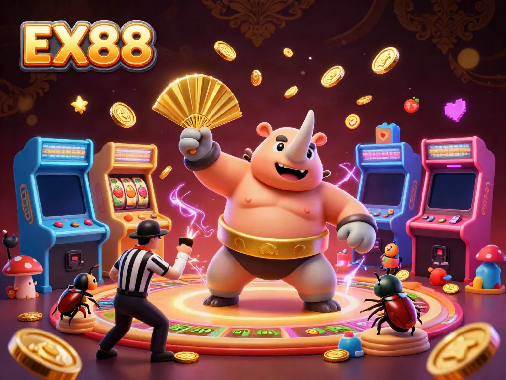 Experience the excitement at EX88 with a vibrant casino-themed 3D illustration featuring a sumo beetle.