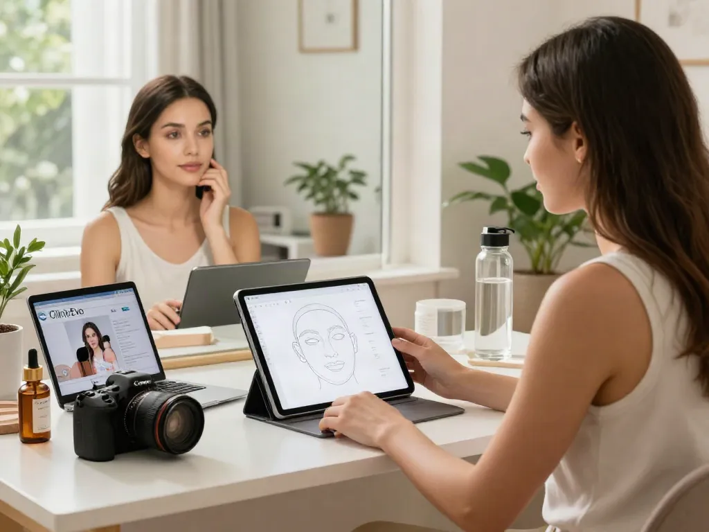 Exploring Alternatives to QOVES during a facial analysis session with a tablet in a bright, modern setting.