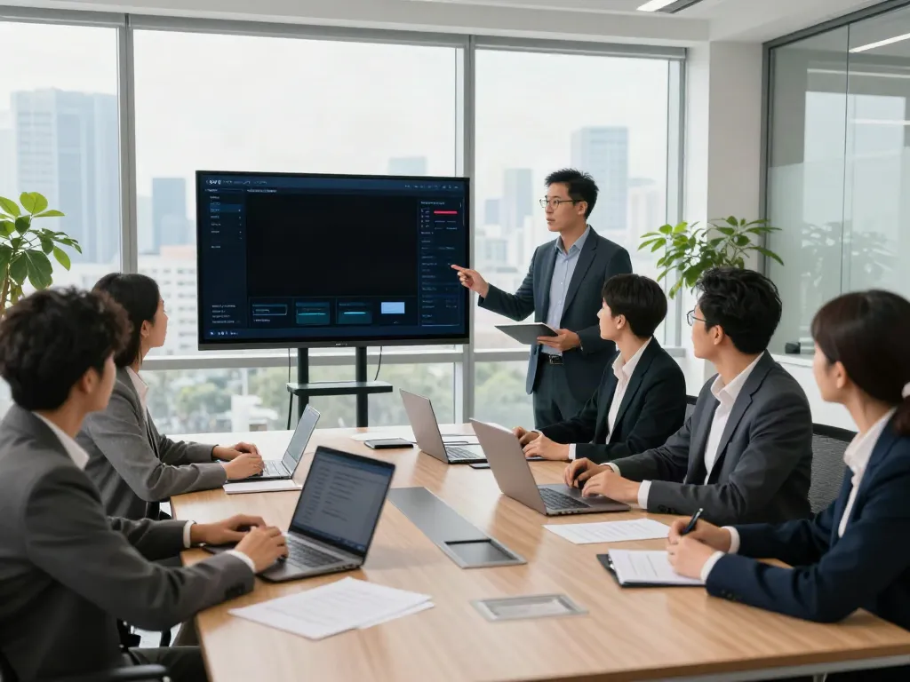 Team collaborating in deepfake-protected meetings with digital tools.